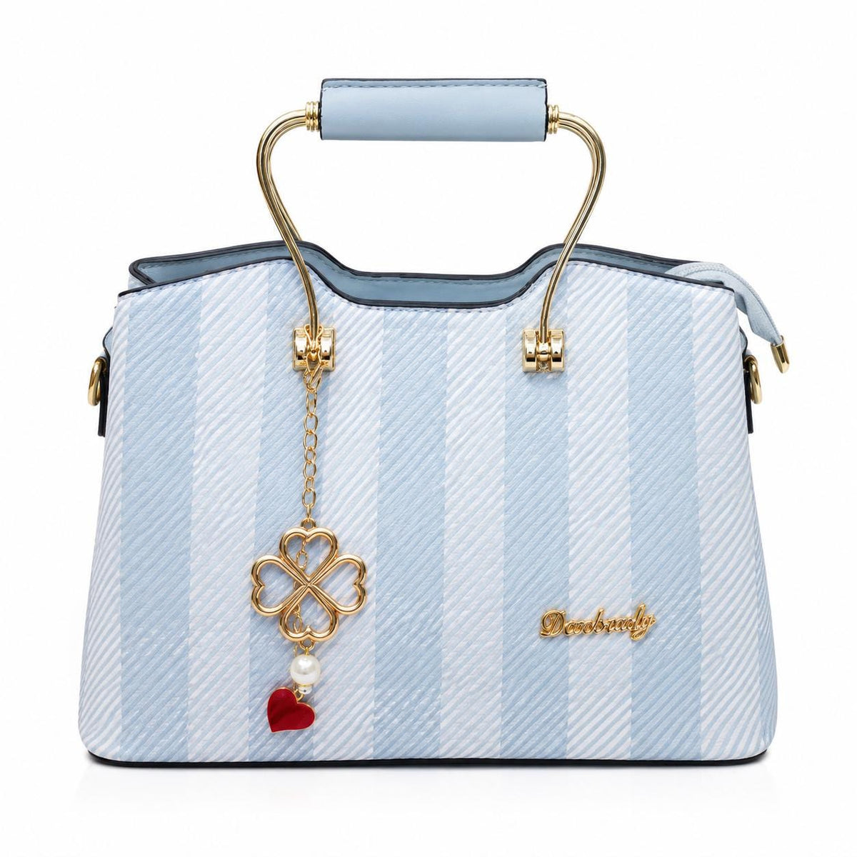 Lace & Luxe striped satchel handbag with gold top handle, leather shoulder strap, and clover charm accessory.