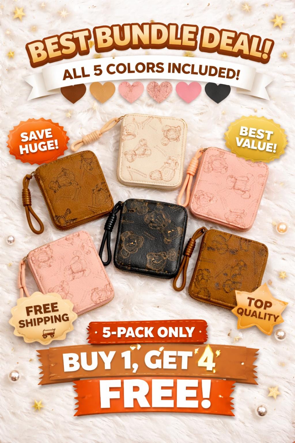 Set of five plush teddy bear coin purses with mini zip wallets and wristlet straps, perfect for gifting or everyday use.