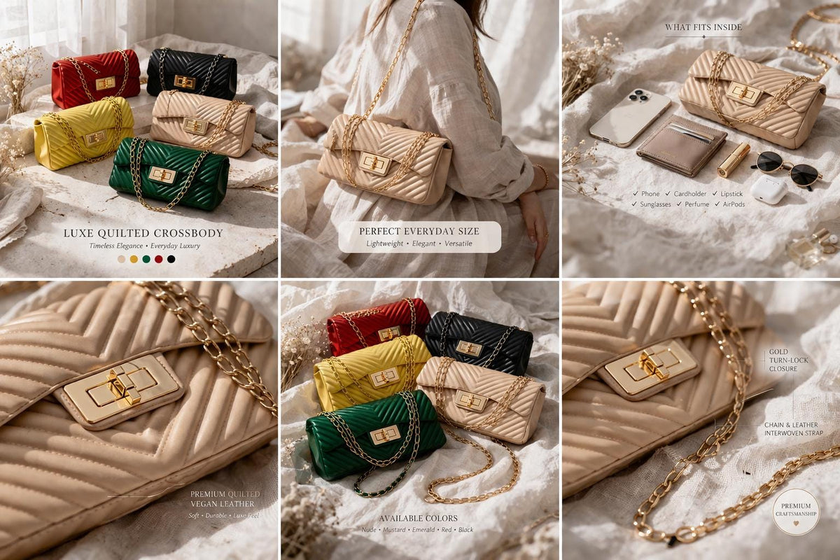 Lace & Luxe quilted chevron pattern crossbody handbag with gold chain shoulder strap on a white background