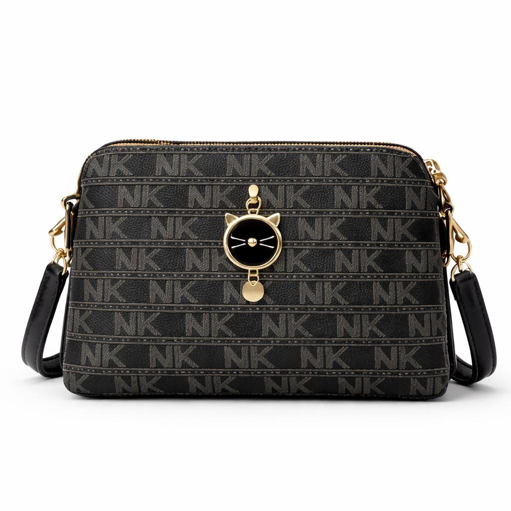 Black monogram crossbody bag with cat charm from Lace & Luxe, small patterned shoulder purse for women, stylish and compact.