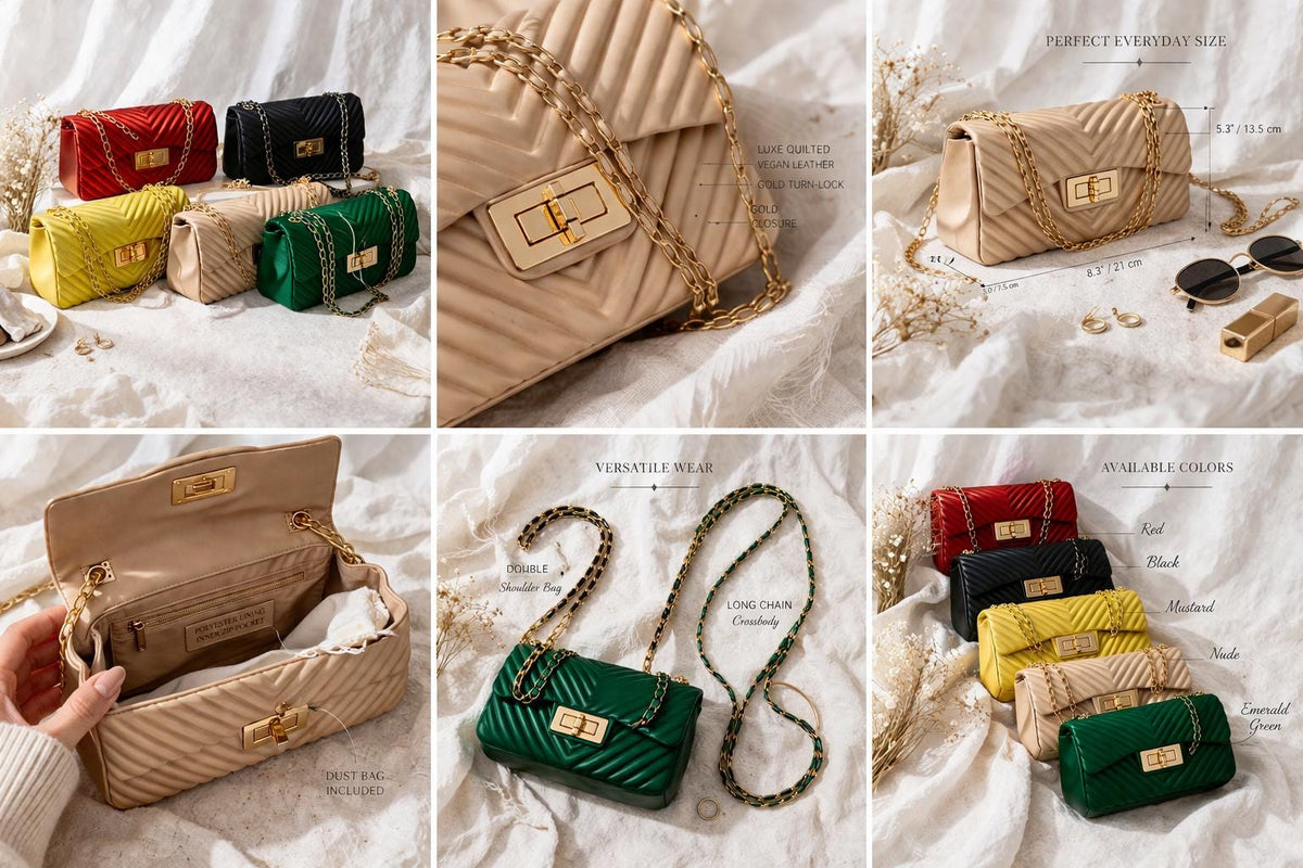 Lace & Luxe quilted chevron pattern crossbody bag with gold chain shoulder strap, stylish handbag with textured design