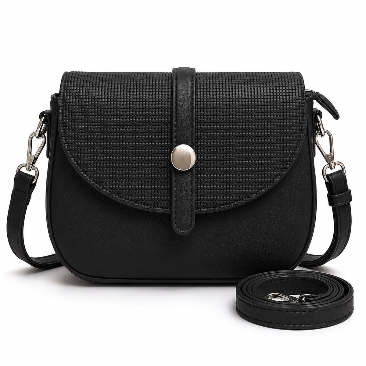Lace & Luxe vegan leather saddle bag with adjustable crossbody strap, boho-style handbag featuring a sleek design and gold hardware