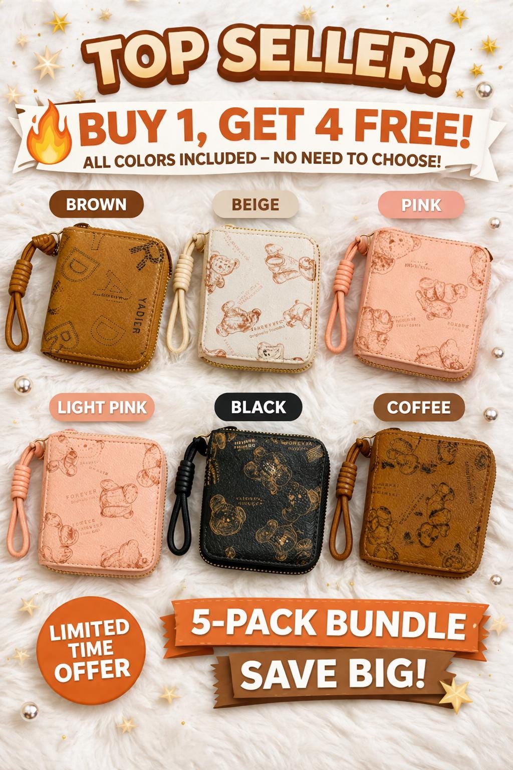 Set of five teddy bear coin purses by My Store, mini zip wallets and wristlet pouches for gifts and organization.