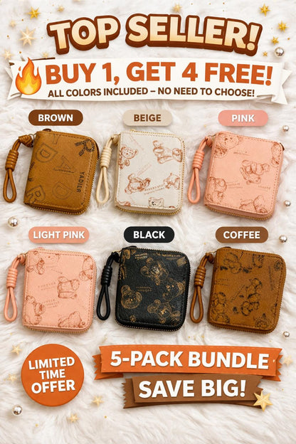 Set of five teddy bear coin purses by My Store, mini zip wallets and wristlet pouches for gifts and organization.