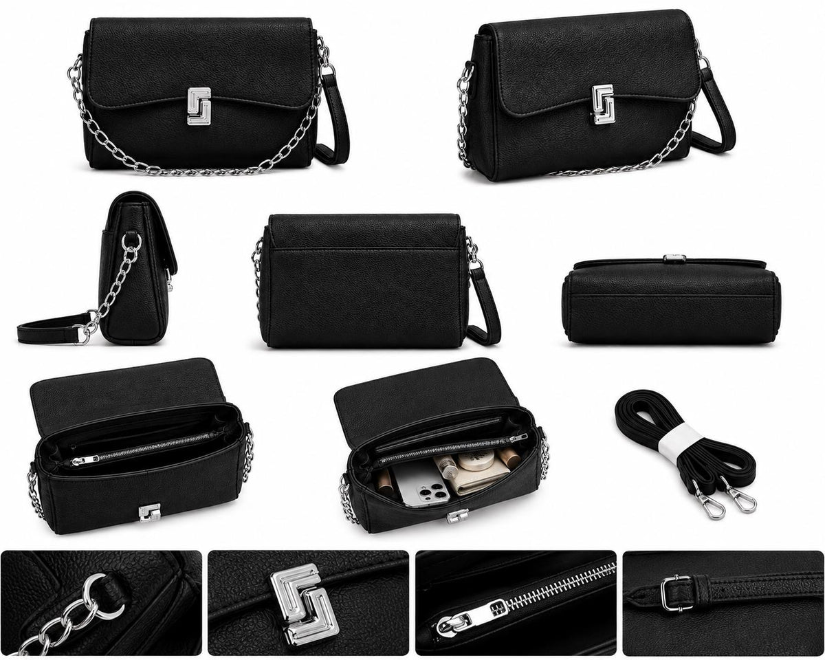 Lace & Luxe black pebbled leather crossbody bag with chain strap and small flap design, ideal as an everyday mini purse for women.
