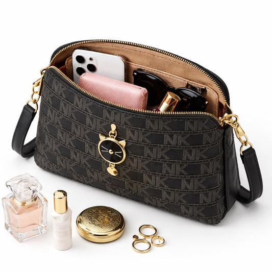 Black monogram crossbody bag with cat charm from Lace & Luxe, small patterned shoulder purse for women, stylish and compact.