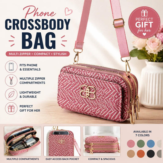 Woven multi-zipper shoulder crossbody bag in pink, blue, and green with woven texture and adjustable strap.