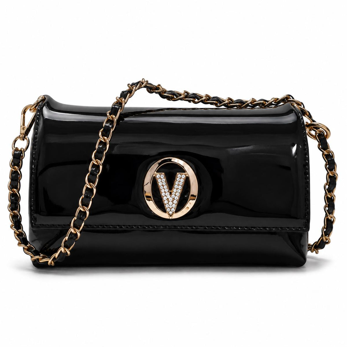 Black patent leather evening clutch with gold chain strap and crystal V clasp, by Lace & Luxe.