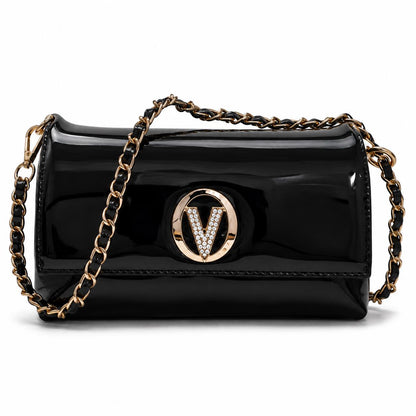 Black patent leather evening clutch with gold chain strap and crystal V clasp, by Lace & Luxe.