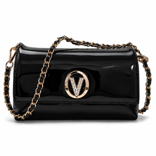 Black patent leather evening clutch with gold chain strap and crystal V clasp, by Lace & Luxe.