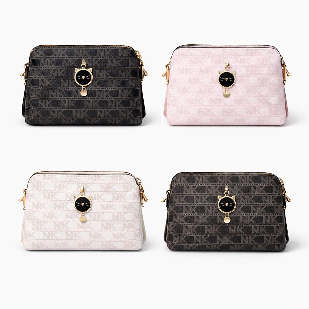 Black monogram crossbody bag with cat charm from Lace & Luxe, small patterned shoulder purse for women, showing front view.