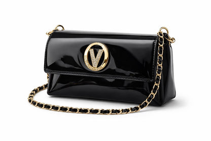 Black patent leather evening clutch with gold chain strap and crystal V clasp, stylish purse by Lace & Luxe