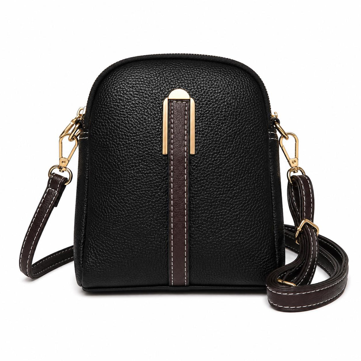 Black leather crossbody phone bag with gold hardware, mini shoulder purse by Lace & Luxe, featuring compact design and sleek style.