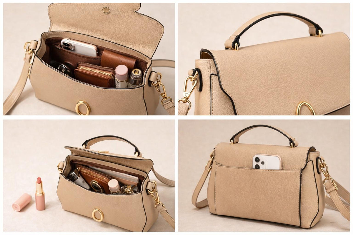 Lace & Luxe leather crossbody bag with multiple compartments, adjustable strap, minimalist design, and shoulder purse style.