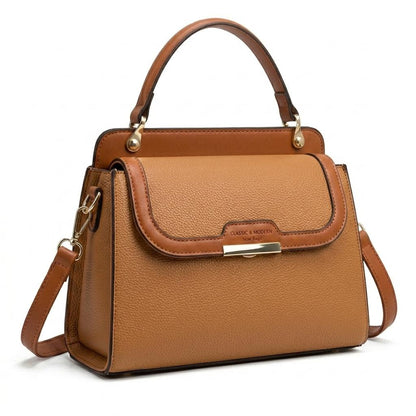 Lace & Luxe pebbled leather handbag with structured top handle and crossbody strap, stylish women's purse with gold accents.