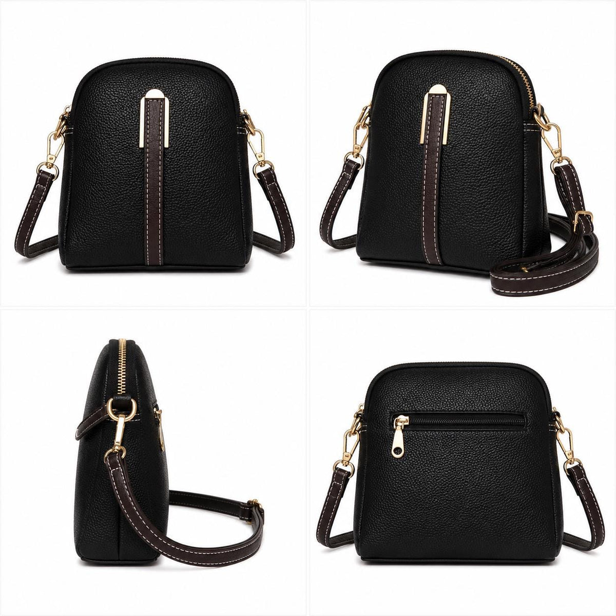 Black leather crossbody phone bag with gold hardware, mini shoulder purse from Lace & Luxe, featuring a sleek design and compact size.