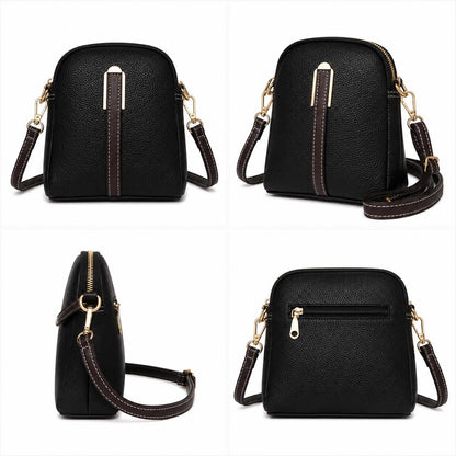 Black leather crossbody phone bag with gold hardware, mini shoulder purse from Lace & Luxe, featuring a sleek design and compact size.