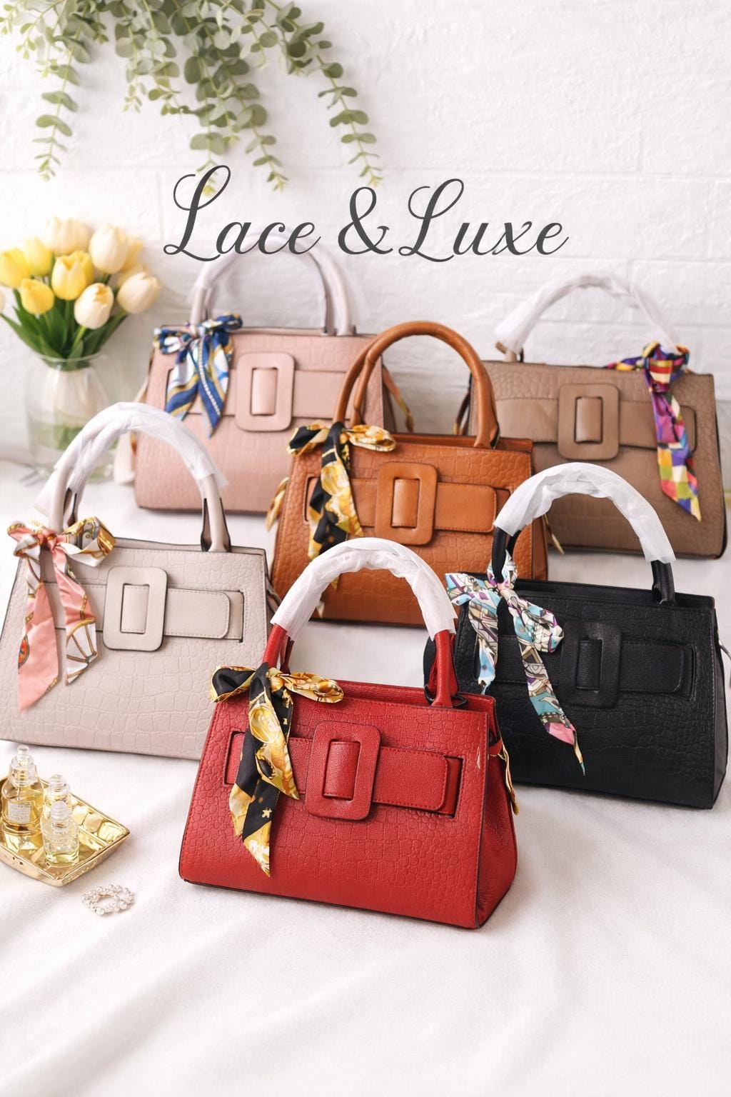 Lace & Luxe leather crocodile embossed top handle bag with buckle closure and silk scarf accent, showcasing elegant designer style.