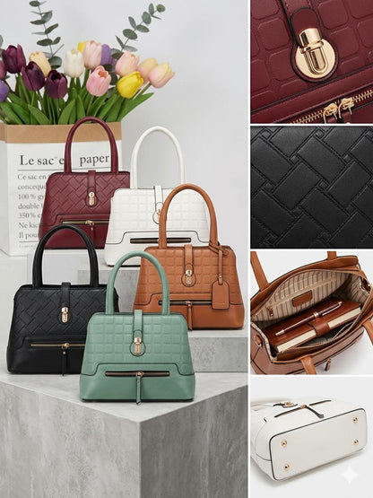 Leather satchel bag with geometric texture, gold latch, and crossbody strap from Lace & Luxe.