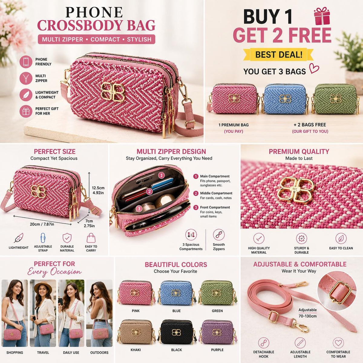 Woven multicolor phone crossbody bag with zippers, pink, blue, and green shoulder purse, stylish and functional accessory.