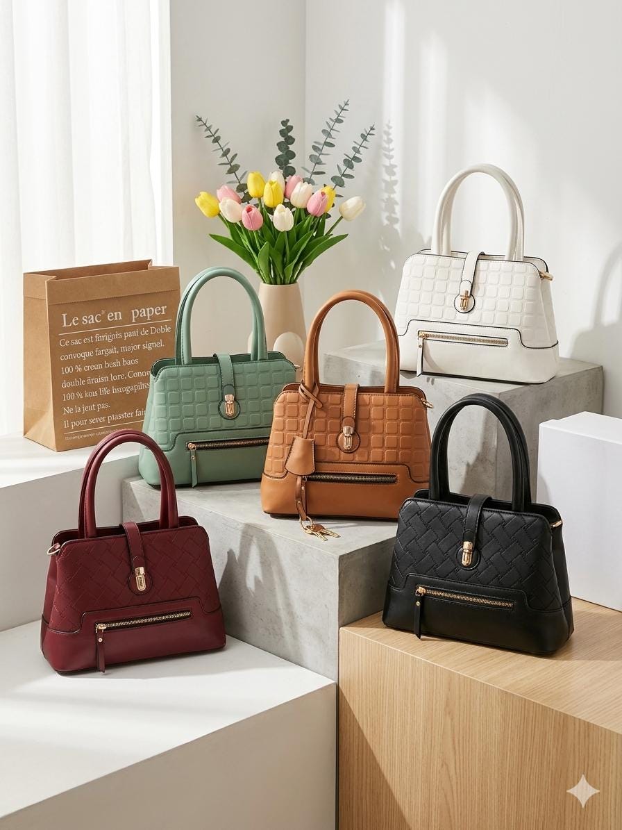 Lace & Luxe leather satchel bag with geometric textured design, gold latch, and crossbody strap on a neutral background.