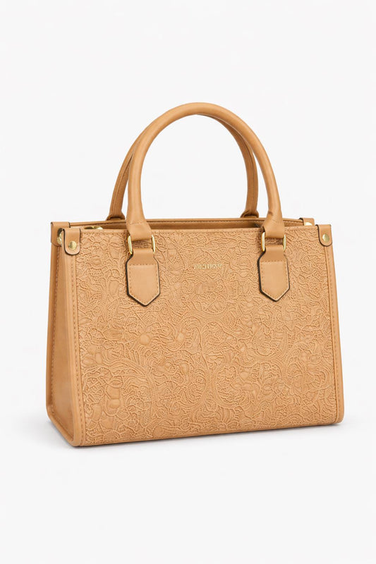 Leather tote bag with lace-textured top handle and spacious interior, stylish purse by Lace & Luxe.
