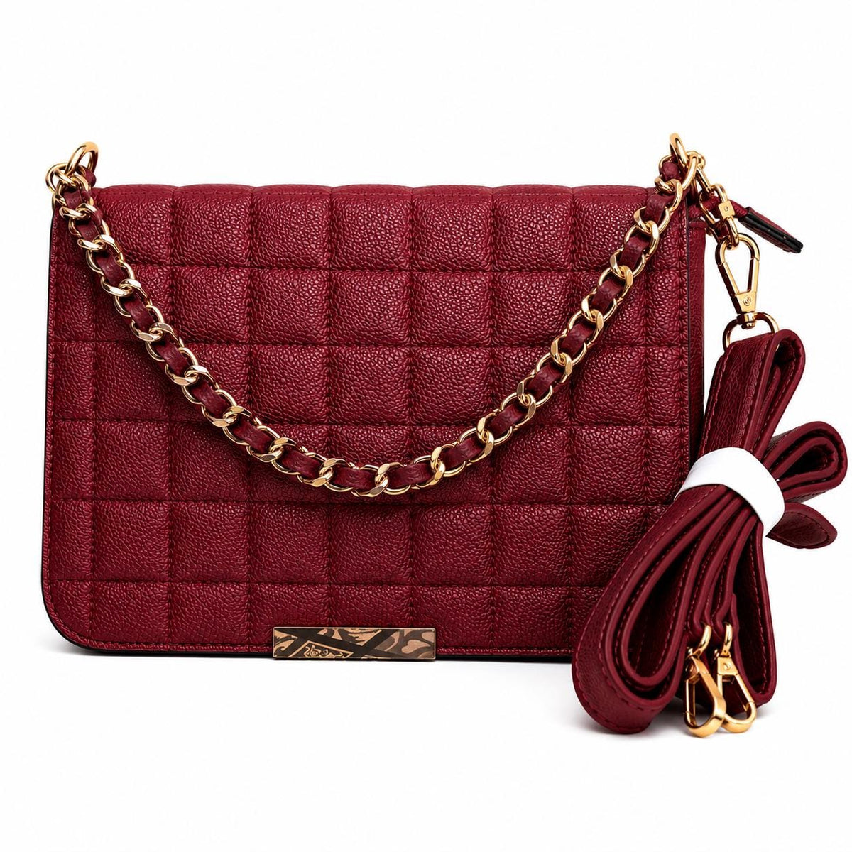 Lace & Luxe quilted leather crossbody bag with gold chain handle and compact design for stylish everyday wear.
