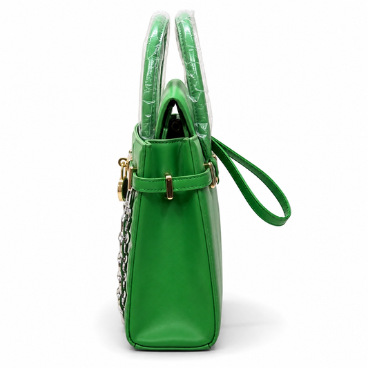 Green Quilted Handbag for Women | Structured Shoulder Bag with Chain Strap, Gold Lock & Top Handles