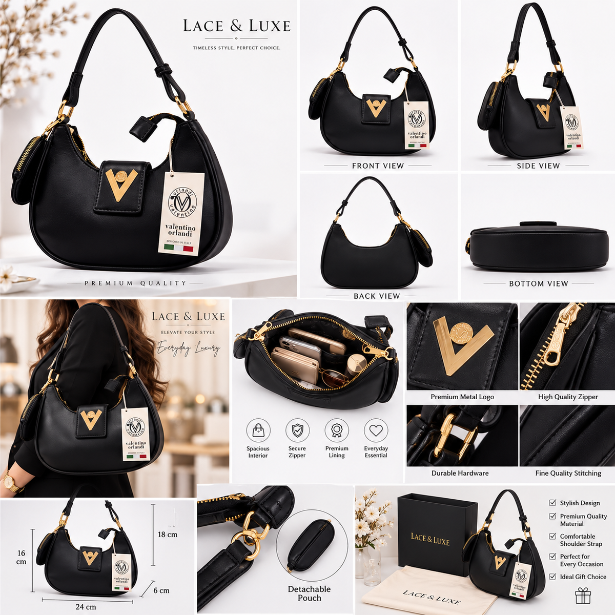 Elegant Black Women’s Handbag with Gold Details | Stylish Shoulder Bag for Everyday & Party Wear | Lace & Luxe