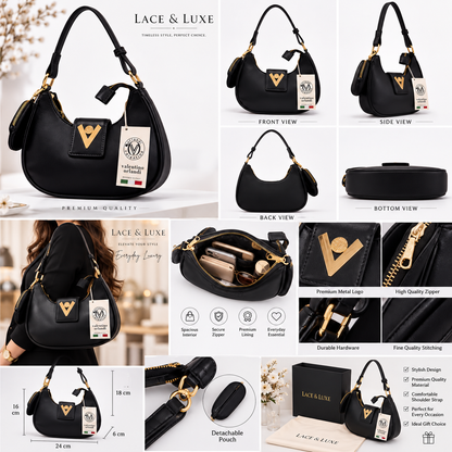 Elegant Black Women’s Handbag with Gold Details | Stylish Shoulder Bag for Everyday & Party Wear | Lace & Luxe