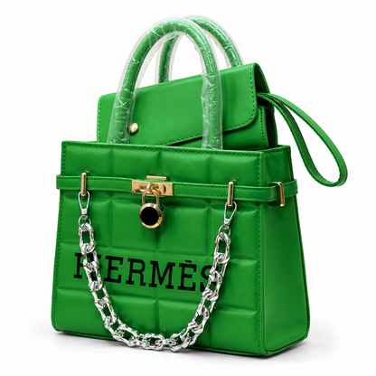 Green Quilted Handbag for Women | Structured Shoulder Bag with Chain Strap, Gold Lock & Top Handles