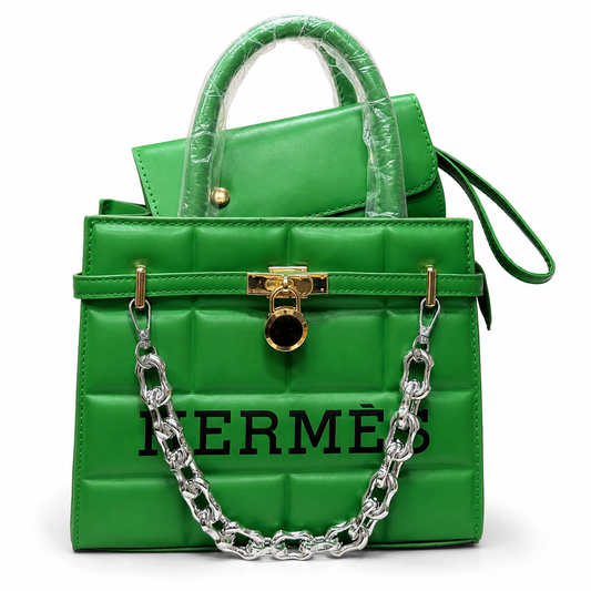 Green Quilted Handbag for Women | Structured Shoulder Bag with Chain Strap, Gold Lock & Top Handles