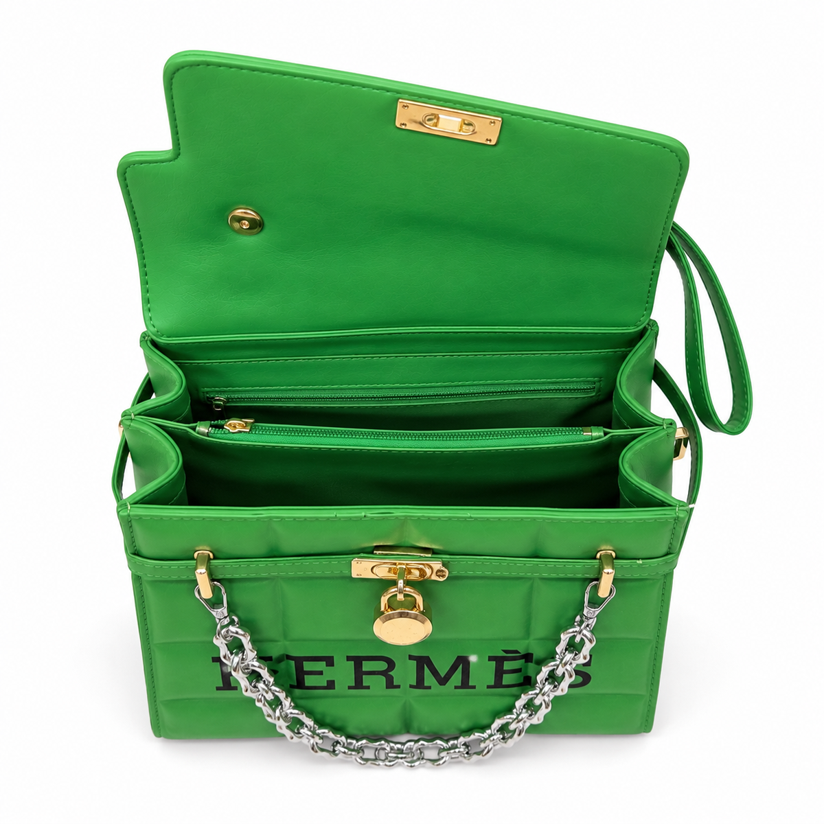 Green Quilted Handbag for Women | Structured Shoulder Bag with Chain Strap, Gold Lock & Top Handles