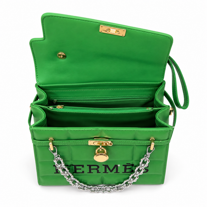 Green Quilted Handbag for Women | Structured Shoulder Bag with Chain Strap, Gold Lock & Top Handles